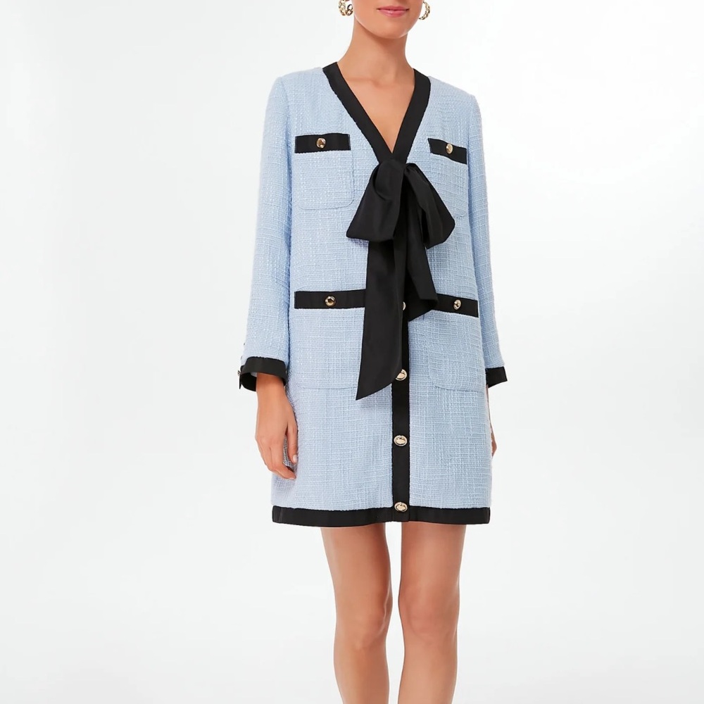 Pomander place womens light blue coco tweed bow long sleeve dress S